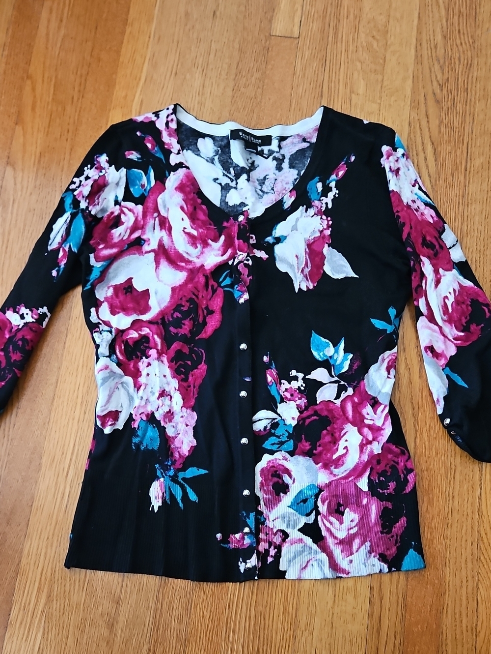 WHBM Black Floral Button-Front Top with Pink & Teal Accents
